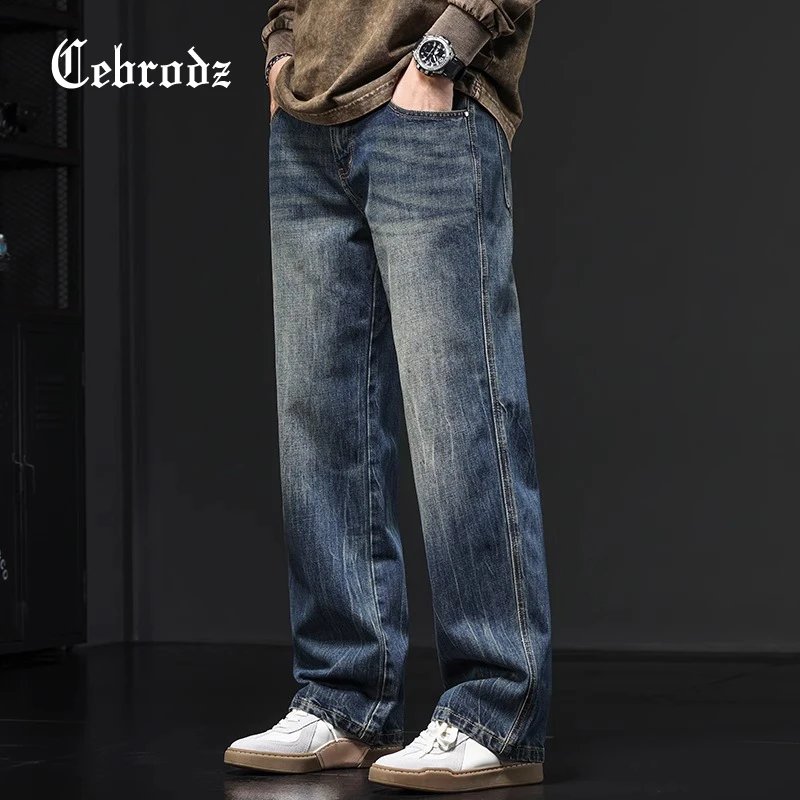 Cebrodz美式重工复古牛仔裤男士时尚宽松直筒阔腿垂坠感长裤子