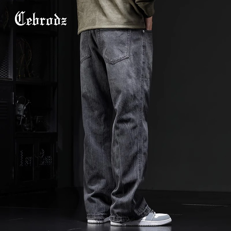 Cebrodz春秋百搭宽松阔腿美式复古渐变牛仔裤男潮牌高街直筒裤子