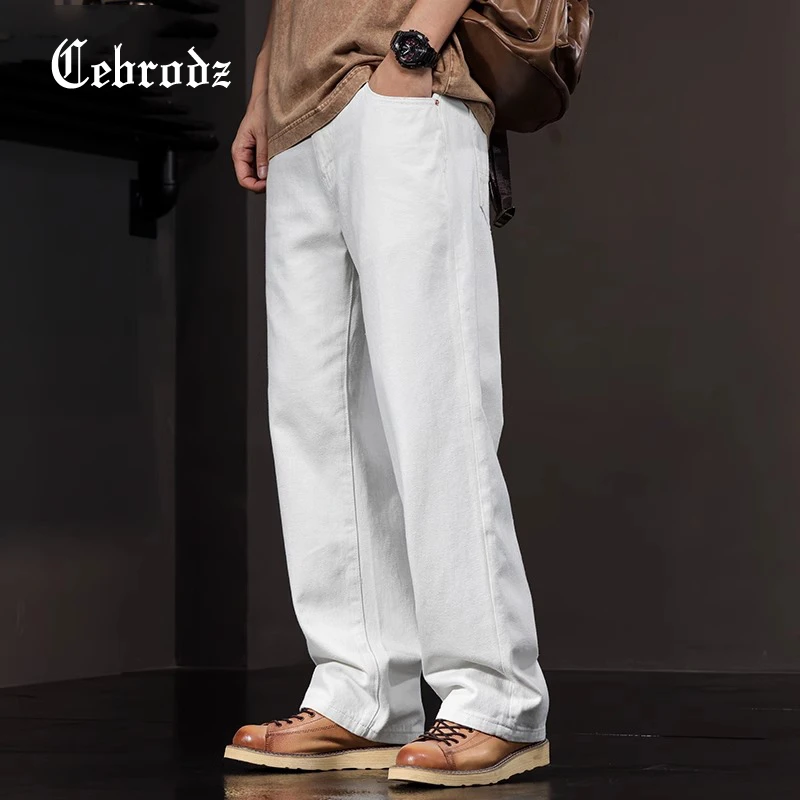 Cebrodz水洗直筒牛仔裤男款美式宽松垂感纯棉白色裤子男士百搭