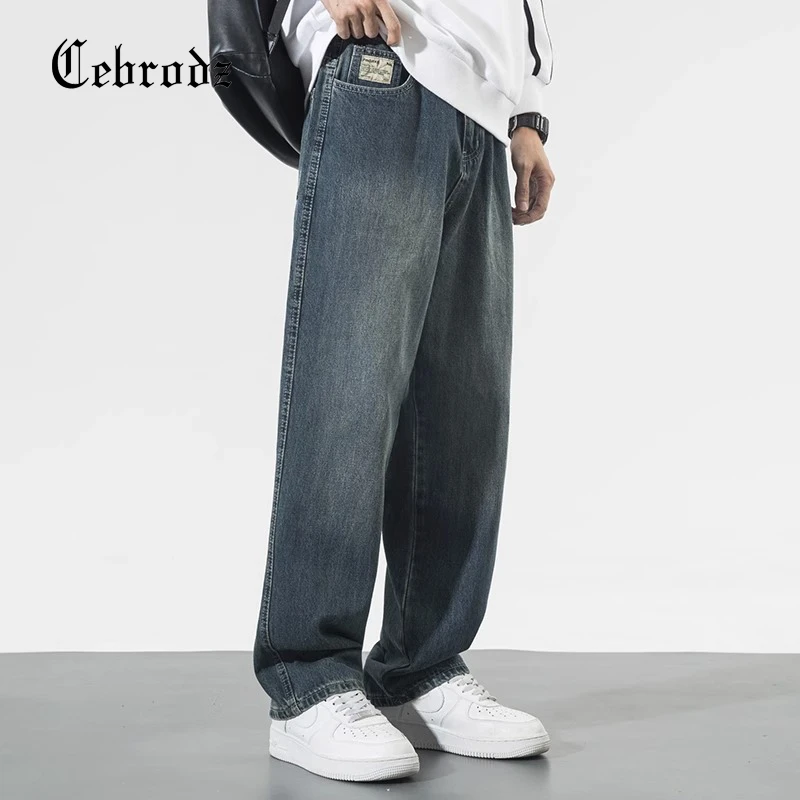 Cebrodz秋冬水洗复古牛仔裤男宽松大码直筒阔腿裤休闲美式长裤子