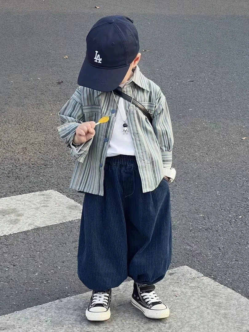 儿童春秋季套装新款洋气韩版男童条纹衬衫休闲阔腿灯笼裤子两件套