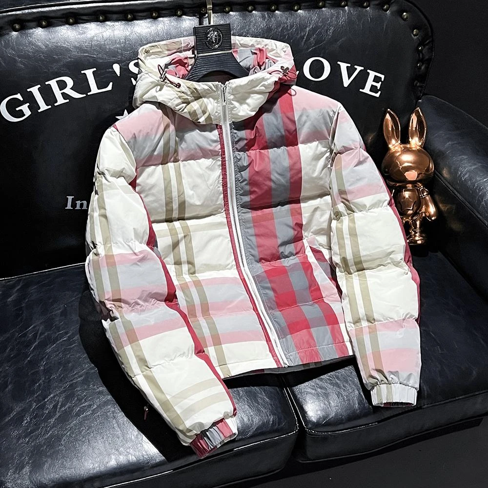 欧货高定潮牌加厚羽绒服男冬季新款格子连帽保暖英伦风轻奢羽绒衣
