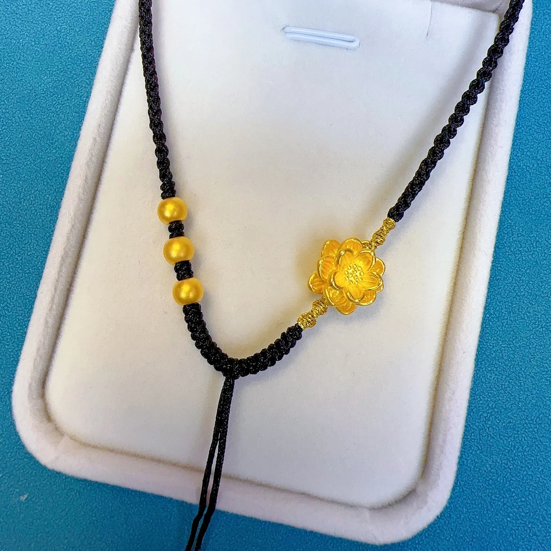 足金999莲花金珠编绳颈饰可调节纯手工编织时尚百搭精美黄金足金