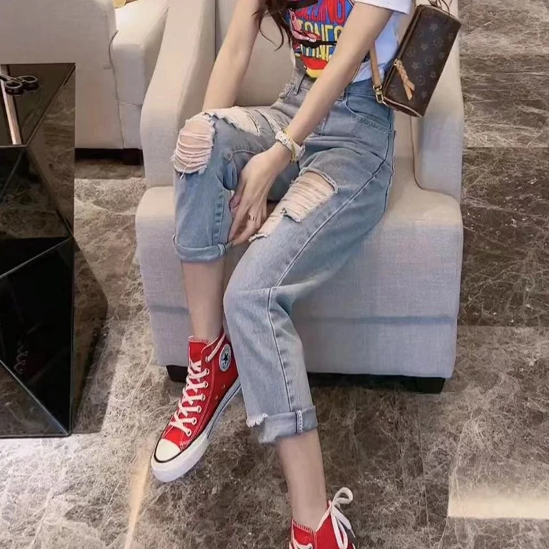 2024新款直筒破洞乞丐牛仔裤女夏季薄款胖mm高腰显瘦九分烟管裤子