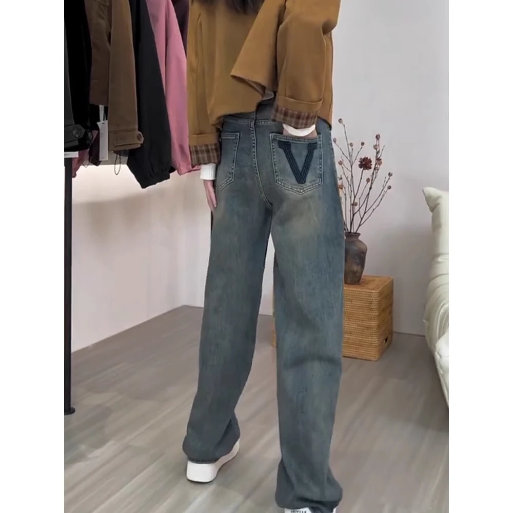 加绒弹力窄版直筒牛仔裤女2025秋冬梨形身材大码加厚高腰显瘦长裤