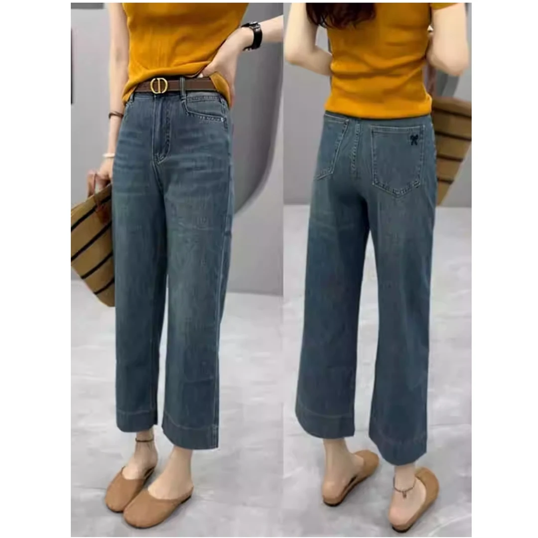 复古牛仔裤女秋季新款梨形身材胖mm大码显瘦小个子高腰直筒阔腿裤