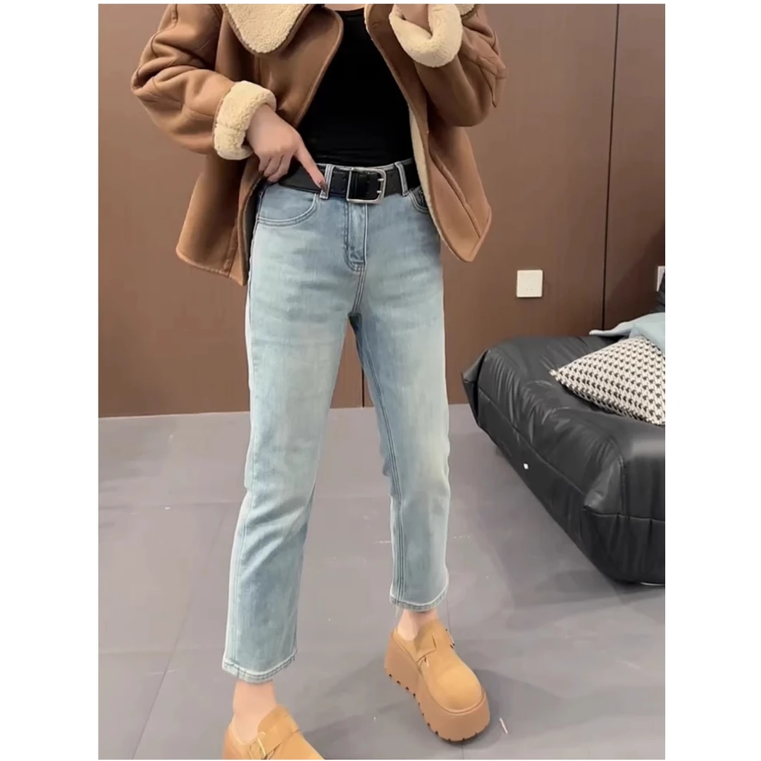 爆款秋冬加厚设计感洋气百搭九分直筒牛仔裤弹力遮胯窄版烟管裤子