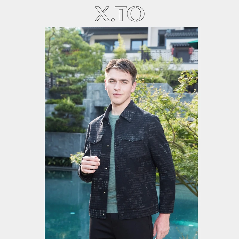 X.TO男装秋冬黑色字母提花百搭翻领时尚都市休闲夹克113026707H