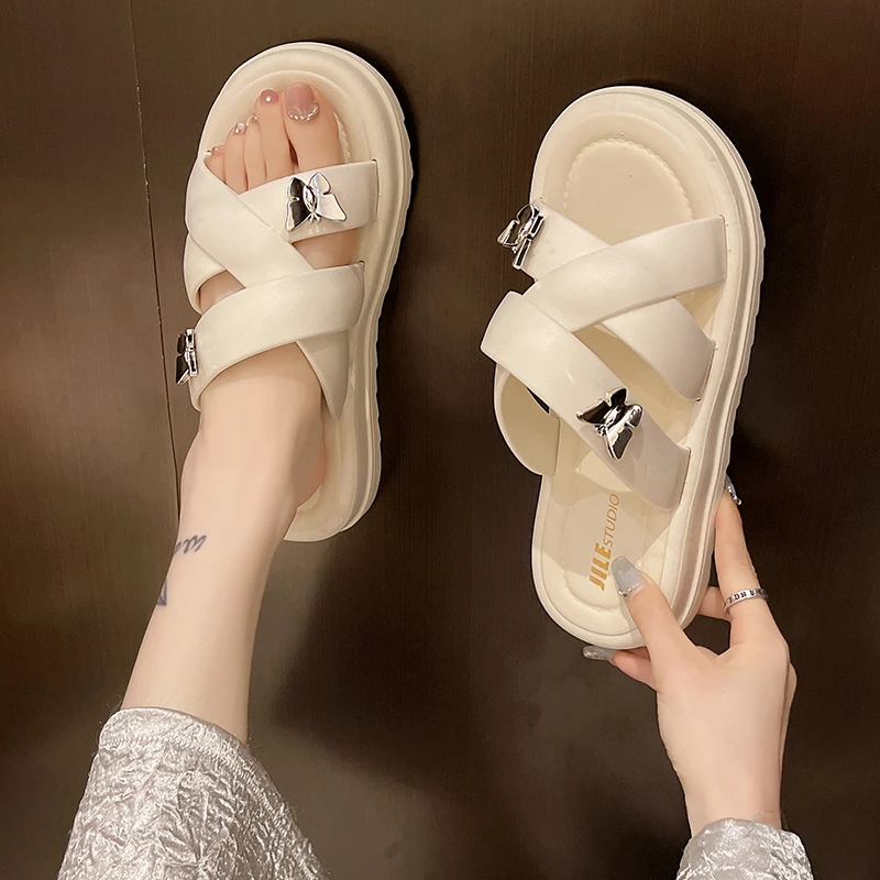 几乐2024新款两只蝴蝶日常夏季百搭沙滩鞋韩版罗马厚底拖鞋