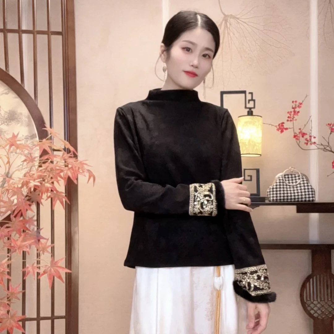 【锦瑟】新款国风精美亮片刺绣打底重工浮雕织花加绒加厚中领打底