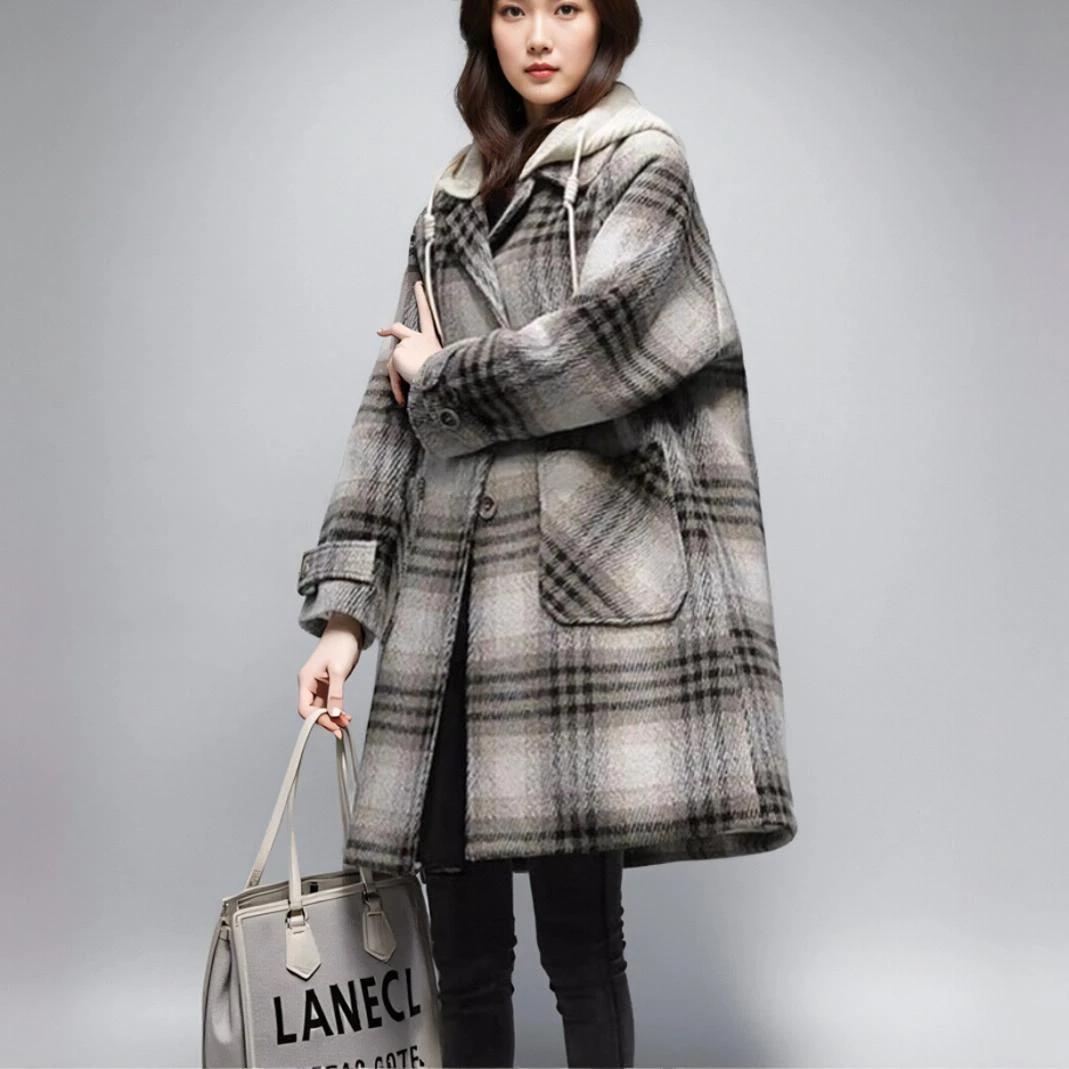 清仓 大衣羽加绒服女中长款冬季时尚百搭连帽加厚棉衣外套黑格子