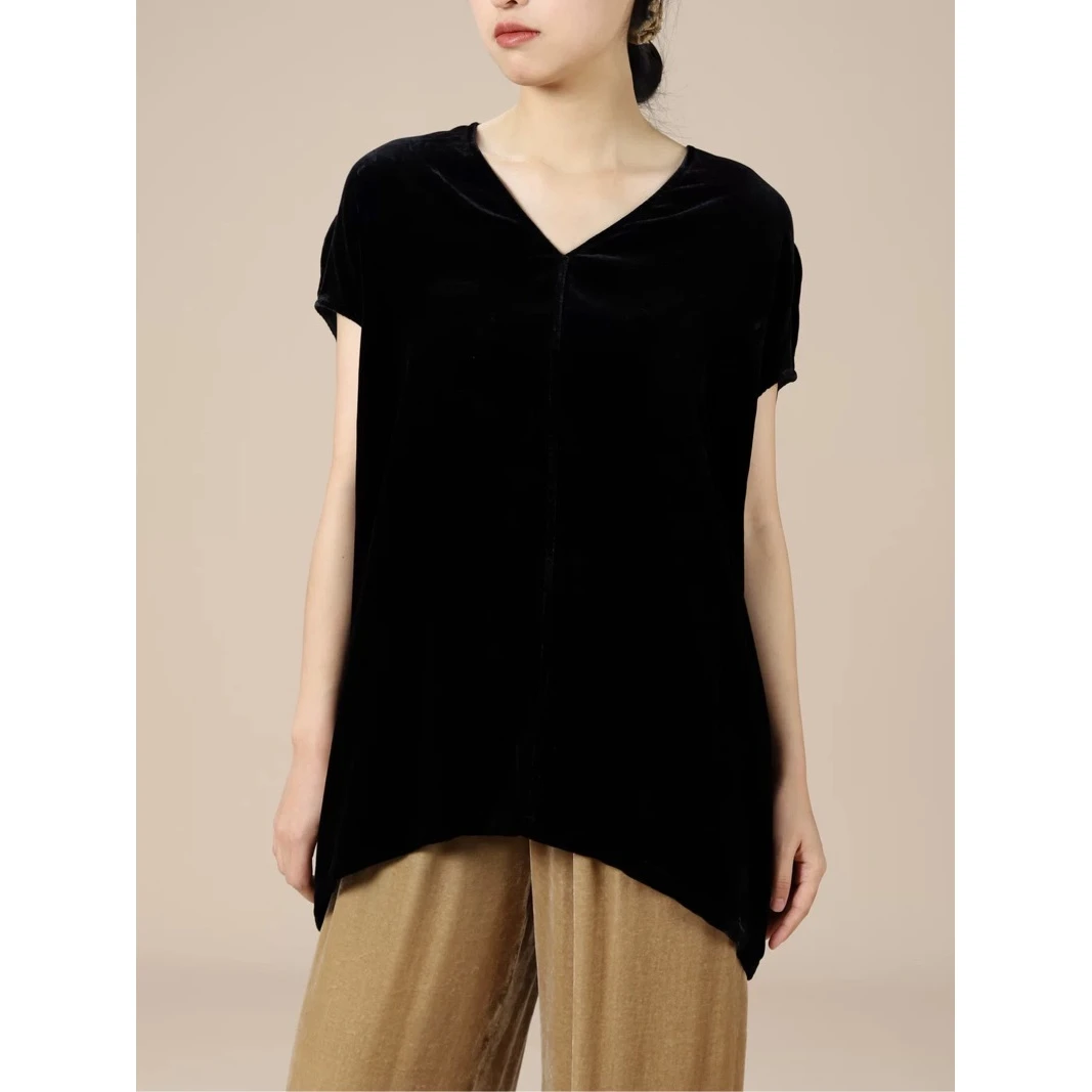 新中式弹力真丝丝绒蝙蝠阔袖V领衬衣