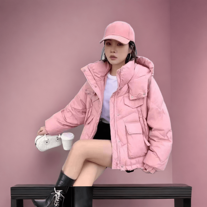 乐其家休闲韩版大口袋羽绒服新款宽松连帽保暖面包服爆款鸭绒外套