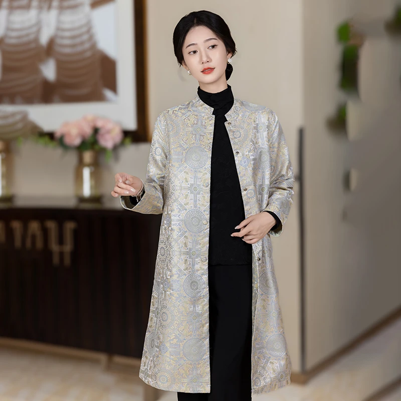 [双面双穿]宋锦风衣正肩春秋新款国风中式减龄气质显瘦款风衣外套