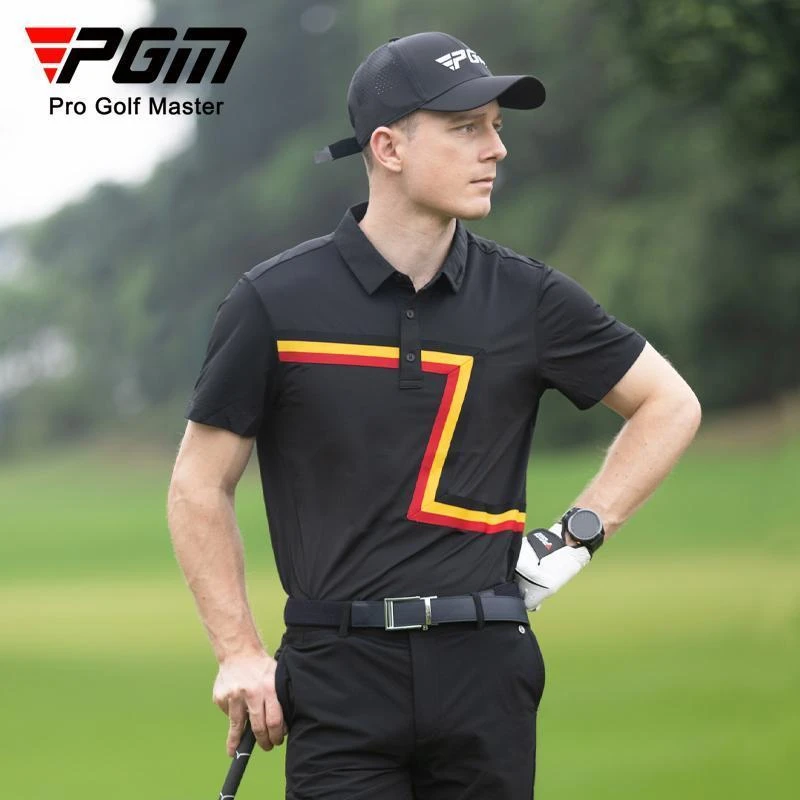 PGM高尔夫服装男士短袖t恤运动上衣夏季撞色织带男装polo衫