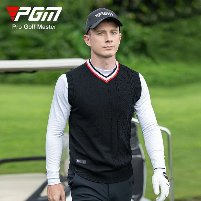 PGM 高尔夫服装男士毛衣背心 秋冬季保暖男装提花编织V领毛织马甲