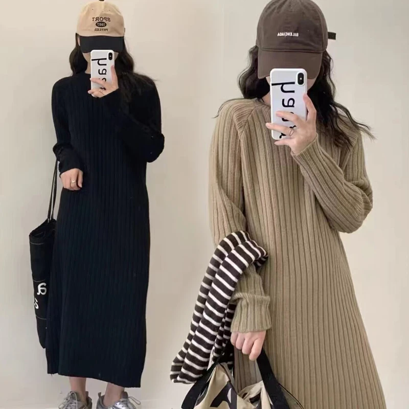 孕妇裙子2023韩版打底中长款过膝孕妇毛衣针织百搭圆领孕妇连衣裙