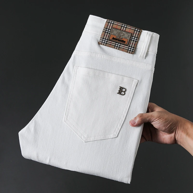【月光白】春夏新款轻奢男士白色三防牛仔九分百搭弹力小直筒长裤