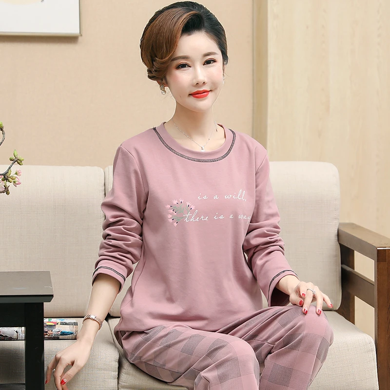 中年女士睡衣春秋季新款圆领长袖中年妈妈休闲可外穿家居服套装