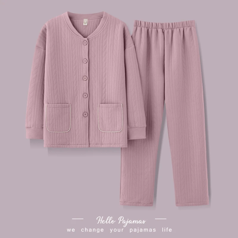 睡衣女中年妈妈空气棉夹层长袖长裤中老年秋冬季保暖可外穿家居服