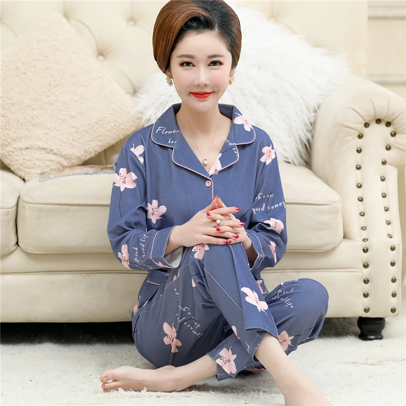 睡衣女士春秋款开衫长袖长裤休闲舒适中老年妈妈可外穿家居服套装