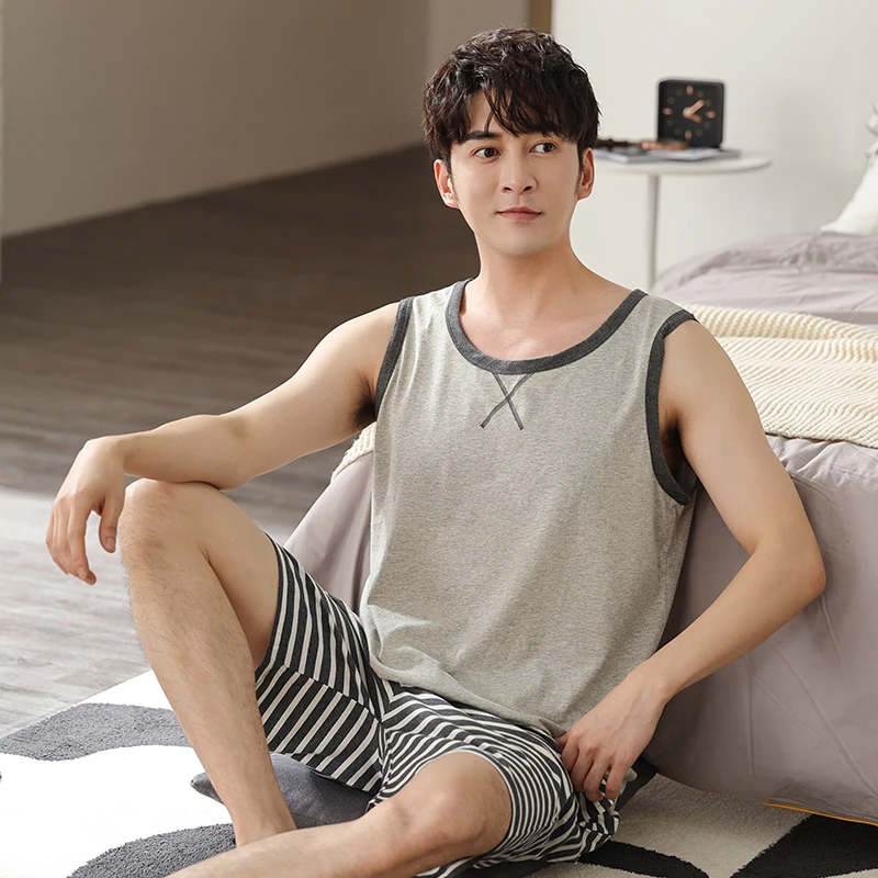 莫代尔睡衣夏季男士薄款背心短裤青年休闲大码两家居服可外穿件套
