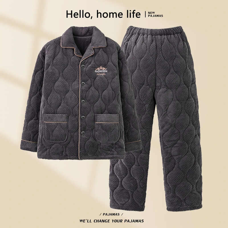 冬季中年男士三层夹棉法兰绒睡衣中老年爸爸加厚保暖家居服可外穿