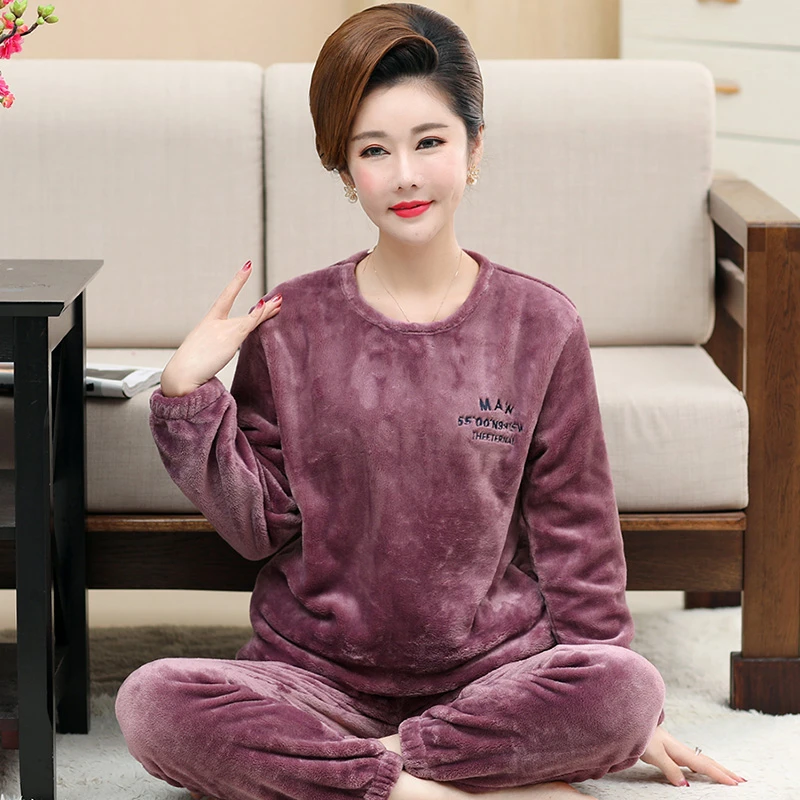 中老年女士珊瑚绒加厚睡衣秋冬季法兰绒加绒可外穿大码家居服套装