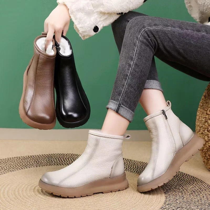 头层牛皮2024秋冬新款复古侧拉链羊毛保暖马丁靴复古真皮短靴女
