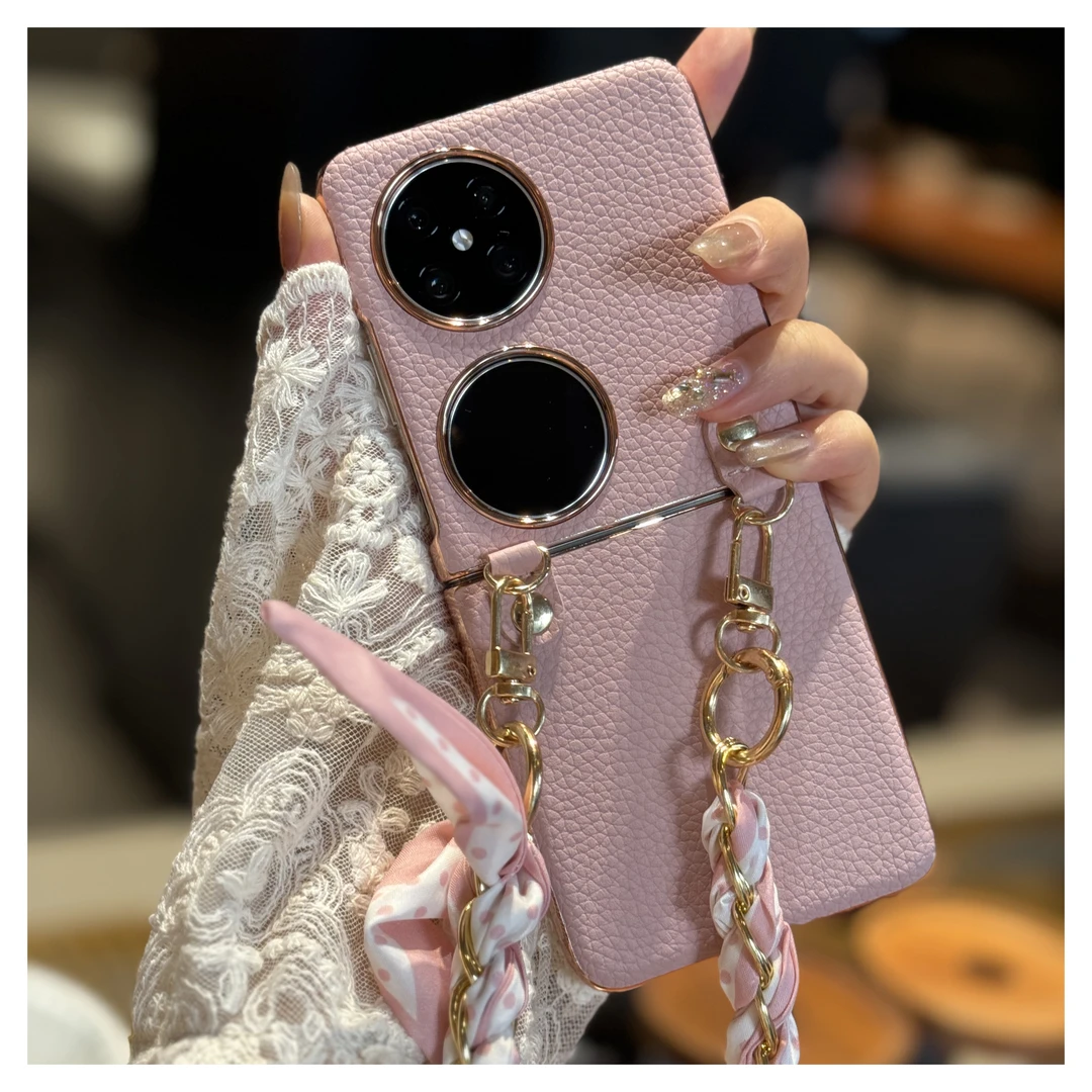 适用华为Pocket2手机壳小折叠屏高档轻薄真皮小香风腕带款防摔壳