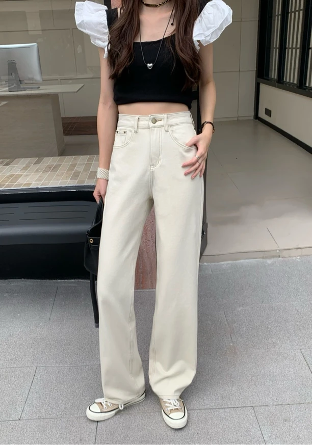 韩系灰杏色高级显瘦窄版显瘦深裆高腰直筒裤四面弹本色米白牛仔