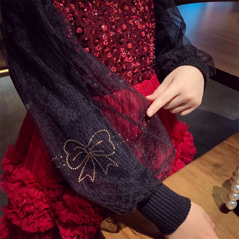 【现货】女童打底衫秋季新款针织上衣儿童网纱泡泡袖衣服  M23151