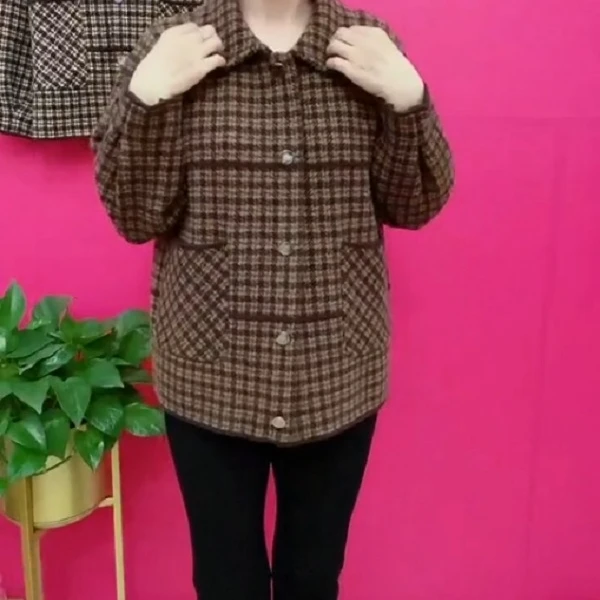 中年妈妈显瘦新款千鸟格百搭上衣休闲短款秋冬外套