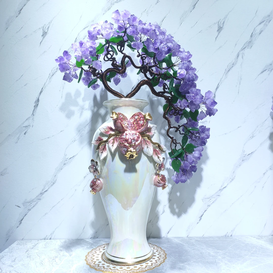 【卓越轻奢】红石榴紫水晶树摆件欧式陶瓷迎客松摆件纯手工点缀精美