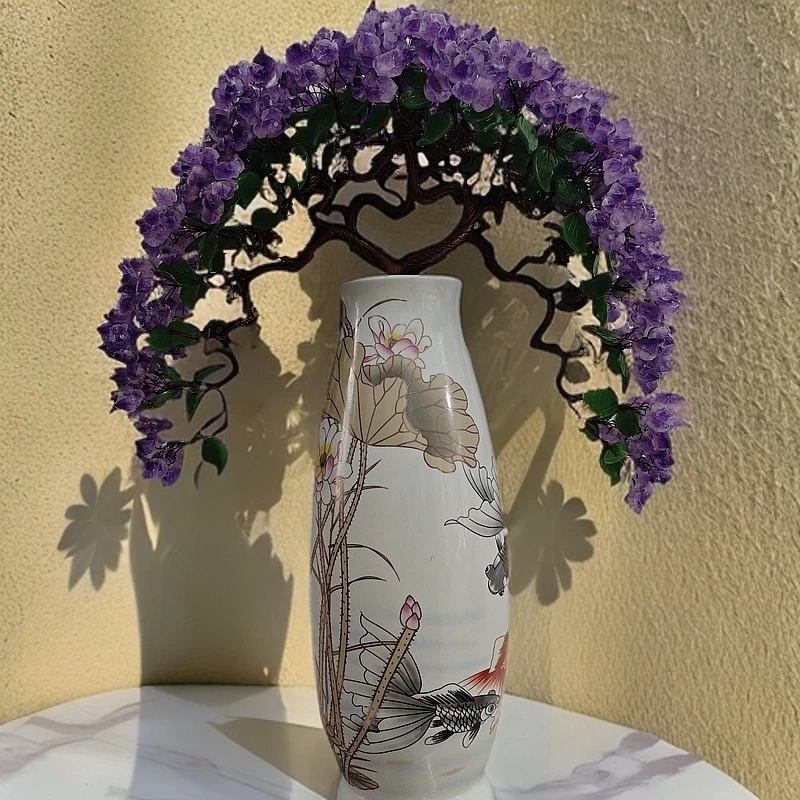 【卓越轻奢原创】金玉满堂紫水晶树摆件陶瓷迎客松摆件纯手工