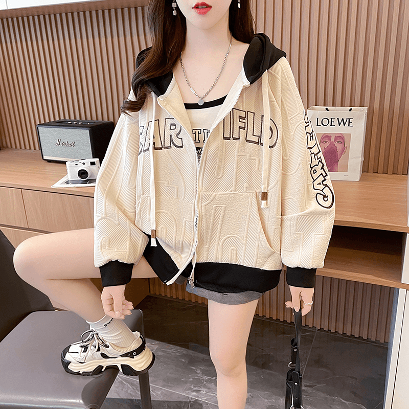 秋冬季撞色短款连帽外套女卫衣宽松小个子上衣休闲运动洋气时尚