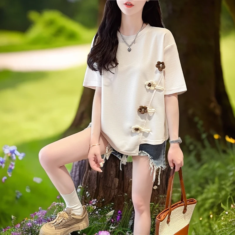 高考毕业季新中式甜美风不规则夏季短袖T恤女时尚立体装饰质感