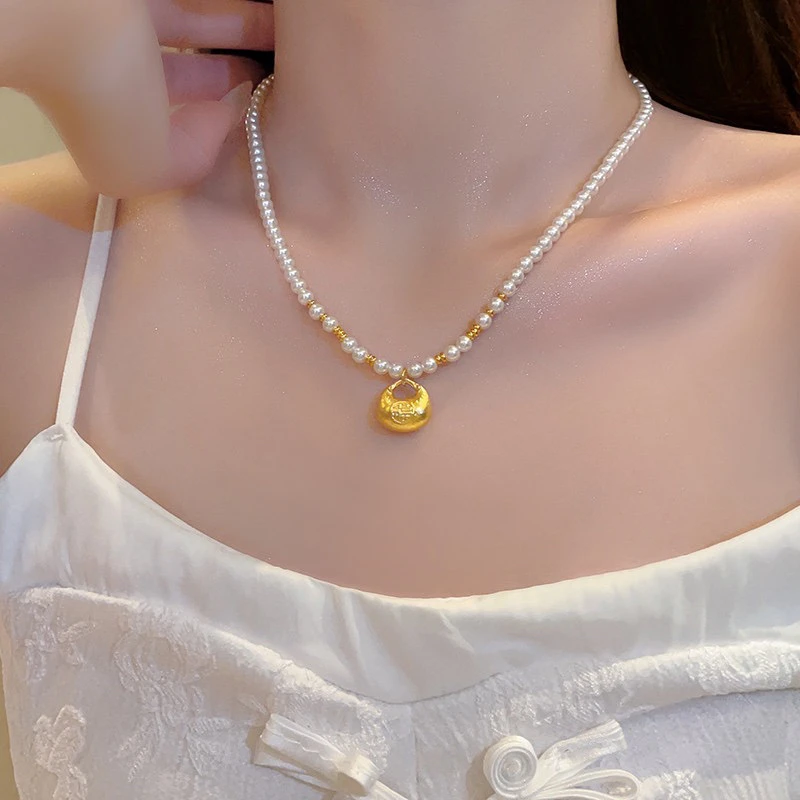非金属仿珍珠项链 时尚网红小胖福吊坠仿珍珠项链女款小众设计感