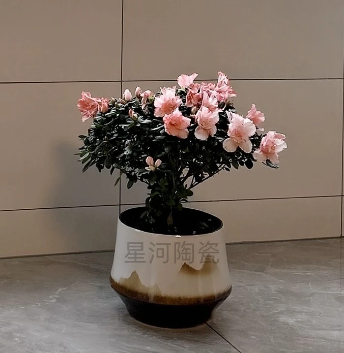 飞碟白色麻点陶瓷花盆批发带托盘种绿植大号花盆简约清仓