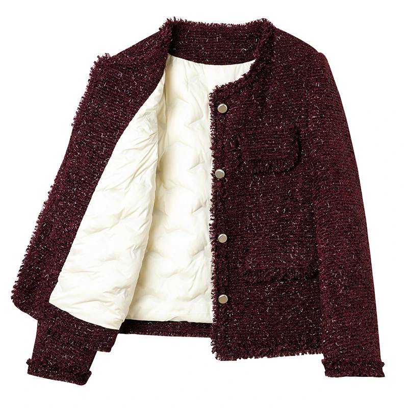 【乌梅红羽绒服】亮闪编织重工流苏时尚洋气小香风羽绒服外套女