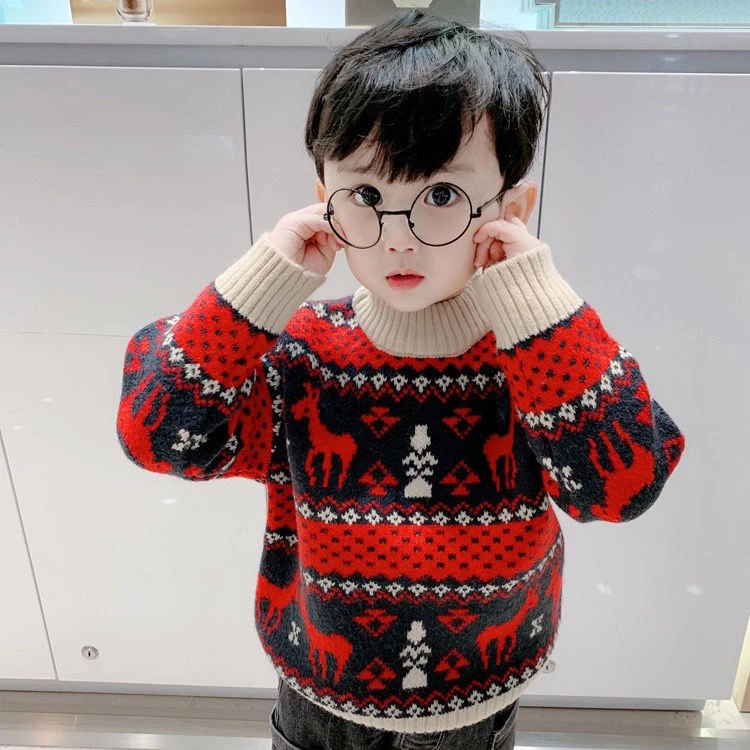 男童装加厚毛衣红色圣诞针织衫儿童套头秋冬打底衫宝宝新年毛线衣