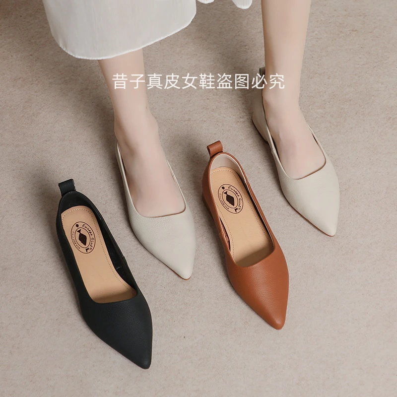 昔子2251-1头层牛皮单鞋平底鞋软底浅口低跟粗跟大码尖头春季百搭