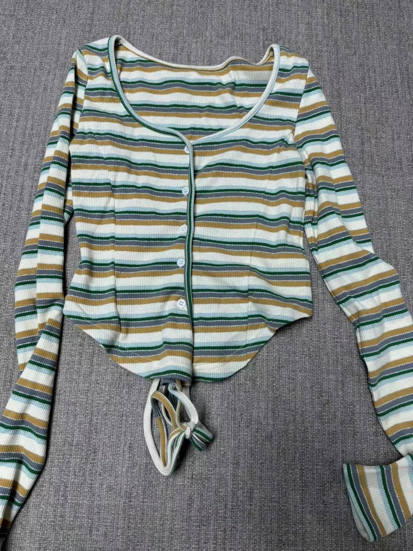 深圳南油原创2024新款和家下摆抽绳彩虹条纹针织衫3260