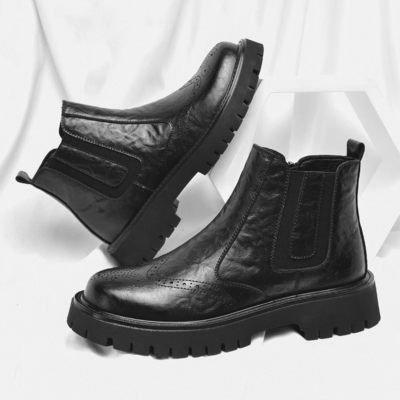 7835男士英伦风切尔西靴烟筒靴子雕花中帮马丁靴牛皮高帮鞋男