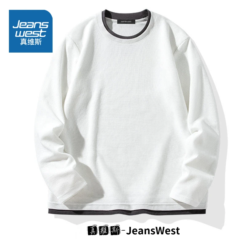 Jeanswest/真维斯华夫格假两件长袖t恤男秋季上衣圆领打底衫宽松