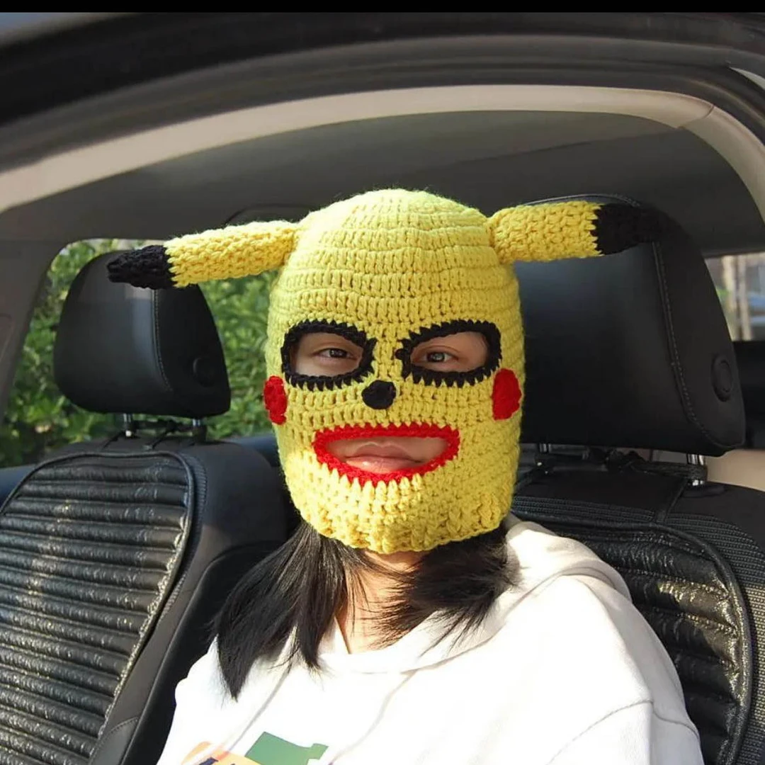 可爱皮卡丘头套潮流针织毛线面罩卡通抖音cos大鹏款皮卡丘帽子