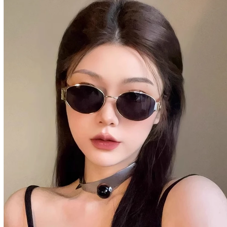 复古老钱风金属椭圆形墨镜女款防晒高级感小框港风凹造型太阳眼镜