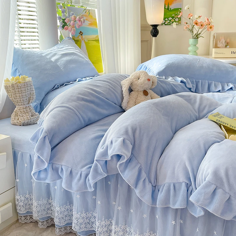 【蕾丝床裙款牛奶绒】2025新款加厚加密牛奶绒蕾丝花边床裙款四件套