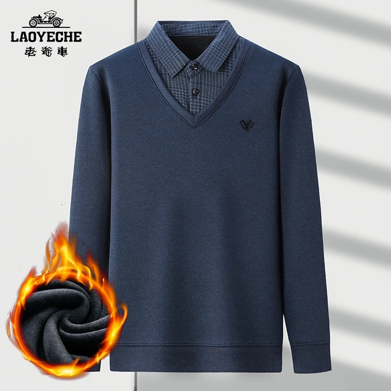 LAOYECHE/老爷车男士polo领上衣假两件冬季加绒保暖中老年爸爸装