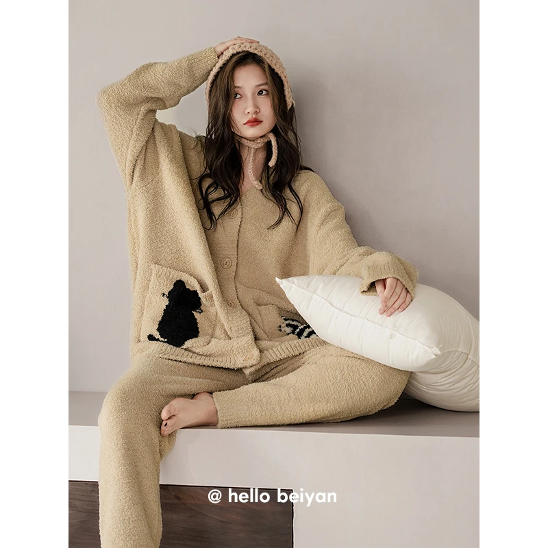 贝妍新款睡衣女秋冬性感开衫半边绒保暖套装可爱猫咪珊瑚绒家居服